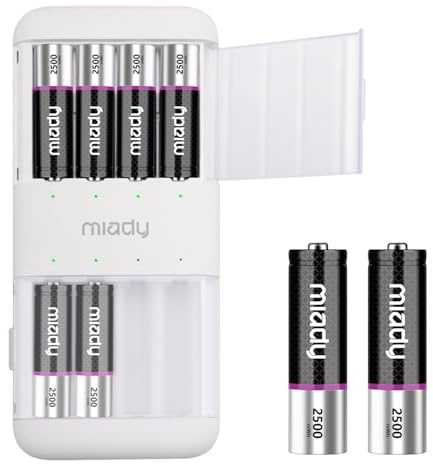 Miady Lot de 8 Piles au Lithium Rechargeables AA avec Chargeur, 2500mWh 1,5V, boîte de Charge Rapide en 2.5 Heures, Charge de Cycle 2000 Fois