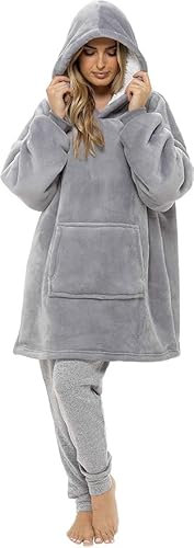 Women's Wearable Blanket Hoodie Oversized Hooded Blanket – Sherpa & Fleece Blanket for Men & Women, Comfy Cosy Fluffy Loungewear Girls Hoodies with Pockets (GREY)
