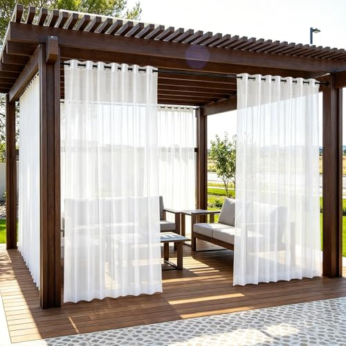 SUNOYA Outdoor Vorhäng Wetterfest 2 Stück, Outdoor Vorhang Wasserdicht Mit Ösen 210x134cm, Outdoorvorhäng, Weiss Transparent Pavillon Vorhänge