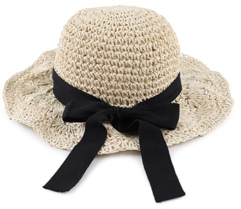 Lcaiualu Baby Girl Sun Hat for Toddler Straw Hats Kids Bucket Hat with Bow Flower Baby Sun Cap for Girls Beach Summer Outdoor (52cm, Beige Black Bow)