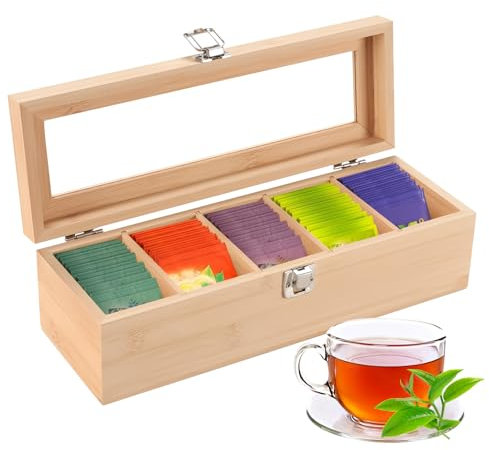TOWEBOORY Caja de Té de Madera con 5 Compartimentos, 30 * 10 * 9CM Caja para Té e Tnfusiones Cajita Infusiones con Ventana Organizador Bolsas Té Organizador de Bolsas de Té para Café, Especias