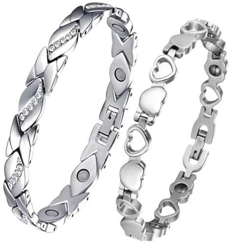 XFSRG 2 Pièces Bracelet MagnéTique Femme Argent Longueur Réglable Avec Aimants Puissant pour Maman Epouse Cadeau De FêTe Des Femmes (Argent 1)