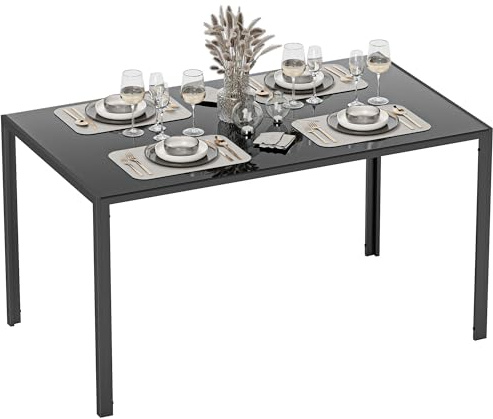 HOMCOM Mesa de Comedor de Cristal, Mesa Rectangular para 6 Personas con Patas de Metal, para Cocina, Salón, 140x80x75 cm, Negro