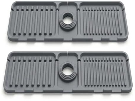 GeyTo Alfombrilla Fregadero Silicona Pack 2 | Protector Salpicaduras Cocina y Baño, Antisalpicaduras Grifo Fregadero, Drenaje Rápido, Libre de BPA, Protector Encimera Fregadero, 38 x 11,4 cm, Gris