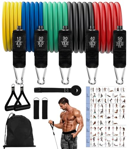 Gyxova Juego de 5 bandas de resistencia con 5 niveles de resistencia, bandas de ejercicio con anclaje para puerta, asas, bolsa de transporte, correas de tobillo para entrenamiento, pilates