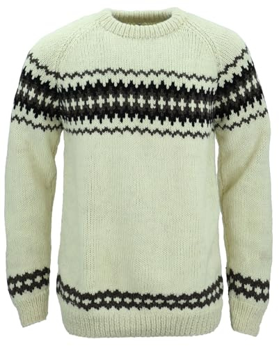 LOUDelephant Jersey de punto grueso de lana con patrón abstracto Fairisle Space Dye, suéter 100% lana pura Nepal, blanco crema, L