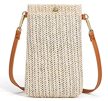 Siyecioa Sacs à Bandoulière Tissés en Paille pour Femmes, Sac Bandouliere Paille, Sacs Décontractés pour Téléphone Portable, Petit Sac a Main Femme, Osier Pochette Téléphone Boheme