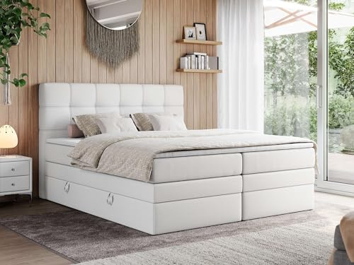 MKS MEBLE Boxspringbett 180x200 mit Bettkasten und Kopfteil, Bett mit Matratze H3 und Topper T25 - Boxbett - Weiß Kunstleder - ERNI King