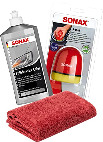 detailmate SONAX Pacchetto di spugne per lucidatura manuale: Sonax Polish+Wax Colore Argento/Grigio 500ml + SONAX P-Ball Spugna per lucidatura ergonomica Edgeless in microfibra 550 g/m² Rosso