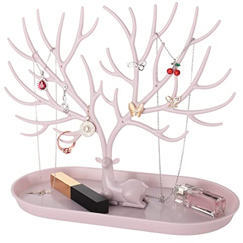 penobon Porte Bijoux, 2 en 1 Support Arbre Bijoux & Plateau à bijoux en plastique, Présentoir à bijoux pour Boucles d'Oreilles, Colliers, Bracelets, Montres et Bagues (Rose)