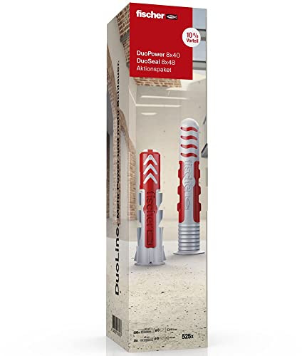 fischer Dowel Tower 8 DuoPower/DuoSeal, Universal Dowel DuoPower 8 x 40 for Best Holding Values, Sealing DuoSeal 8 x 48 for Wet Applications, Bathroom dowels Against Mould, 525 Pieces