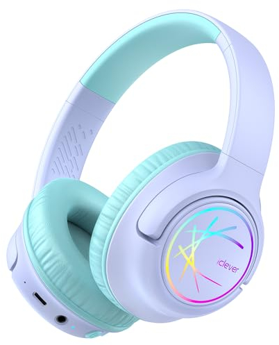 iClever Bluetooth kopfhörer Kinder mit LED-Leuchten, 74/85dBA Lautstärkebegrenzung, 43 Stunden Spielzeit, Stereo-Sound, Typ-C, AUX-Kabel, Bluetooth5.3 Kinderkopfhörer für Tablet/Reisen