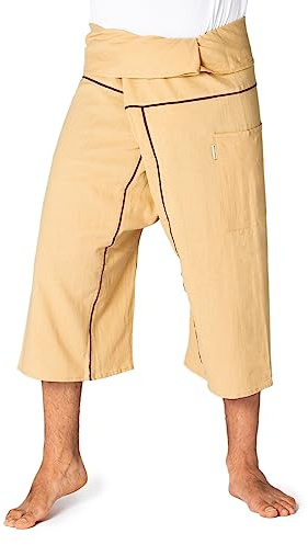 PANASIAM Thailändska fiskerbyxor 3/4 randig design | 100 % bomull – för män och kvinnor | behagligt mjuka och bekväma | praktisk lindningsteknik | unisex fiskare-byxor, Beige, XL