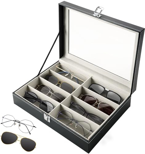 FLKQC 8 Slot Eyeglass Sunglass Storage Box, Black PU Leather Glasses Case for Women Men, 8 Slot Eyeglasses Storage and Sunglasses Organizer Drawer Lockable Case Organizer