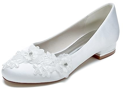 Chaussures de Mariée Plates Femme Chic Bout Fermé Escarpins pour Mariage Chaussures Plates de Mariage Blanche Dentelle,Blanc,36 EU