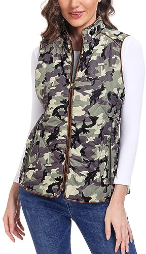 Dilgul Women's Quilted Vest Stand Collar Trendy Lightweight Zip Padded Vest with Pockets Camo 2XL