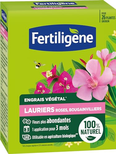 FERTILIGENE FEGLAU650 - Engrais Végétal Lauriers Roses, Bougainvilliers 650 g - Des fleurs plus abondantes - Seulement 1 application en 3 mois - Jusqu'à 26 plantes - Produit 100% naturel avec zéolite