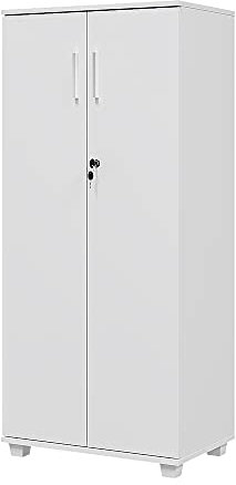 Panana 2 Door Wood Storage Cabinet with Locking Doors, Lockable File Cabinet Tall Slim Office Filing Cabinet with 2 Internal Shelves (White)