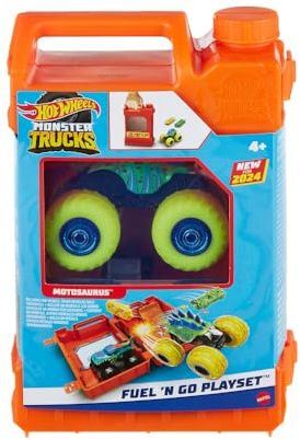 Hot Wheels Monster Trucks Fuel N’ Go bensinkannslekset med Motosaurus | Leksakslastbil i skala 1:64 som förvandlas till stuntarena, inkl. 2 kraschade bilar, HXT04