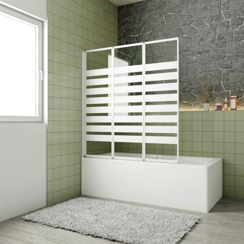 Sopravasca Verso Irreversibile Parete Doccia 130x140 cm 3 ante Pieghevoli a Libro Vetro 4mm Fasce Serigragati Bianchi Telai Argento Opaco