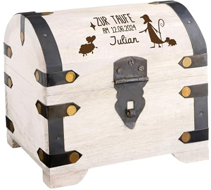 Casa Vivente Weiße Schatztruhe mit Gravur zur Taufe, Hirte Motiv mit Name und Datum, Personalisierte Schatzkiste, Deko Holztruhe, Taufe Geschenk, Geschenke zur Taufe, Taufgeschenke, Geldgeschenk