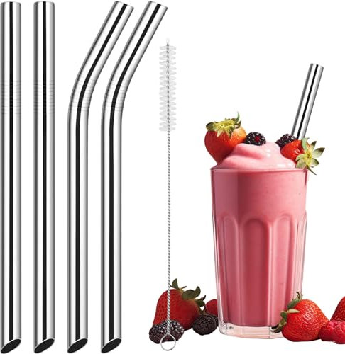 NiHome Confezione da 4 cannucce in acciaio inox per frullate/frappè, extra larghe 1,3 cm, riutilizzabili, extra lunghe, dritte e piegate, per boba, bevande spesse, bevande fredde, 1 pennello (argento)