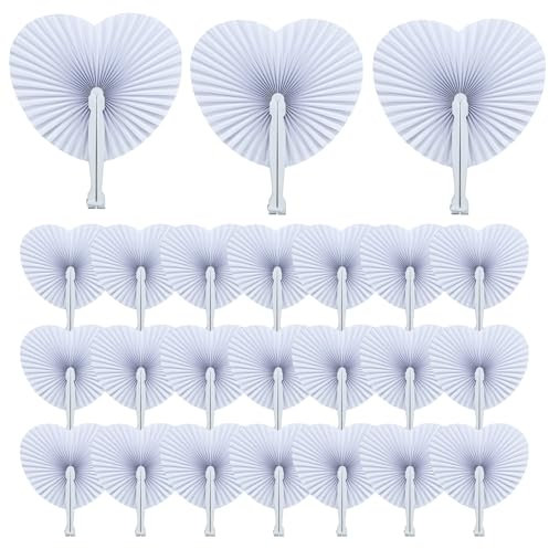 24 Pcs Foldable Hand Fan Heart Shaped White Paper Fans for Wedding Decorative Folding Fans with Plastic Handle, Small Accordian Fans for Party Birthday Decorative
