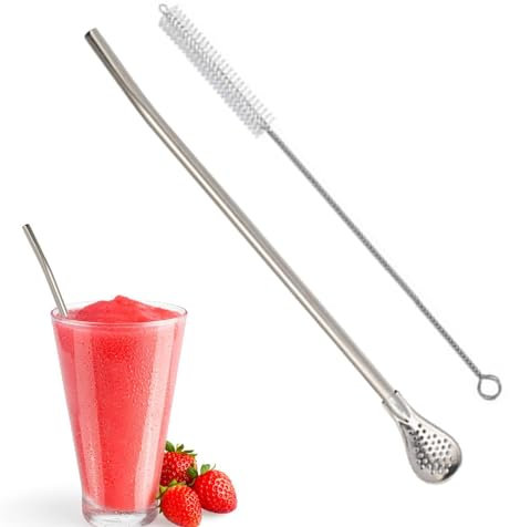 Filter-Trinkhalme, Löffel, Sieb, Rührstäbchen, Edelstahl, tragbar, Sicherheitsbombie-Strohhalm für losen Tee, Getränkesuppe, Filter-Trinkhalmlöffel mit Etui, Filter, Strohhalmlöffel für Kaffee,