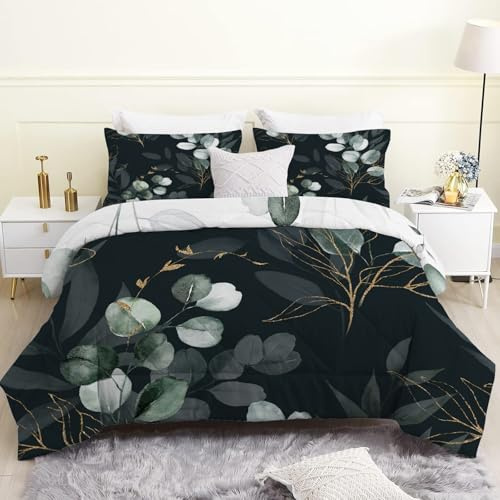 Couette 260x240 cm Feuille D'eucalyptus Noire, Légère 4 Saisons, Plantes Vertes Imprimée pour Lit 2 Personnes, Édredon Sans Housse et 2 Taies d'Oreiller 65x65 cm