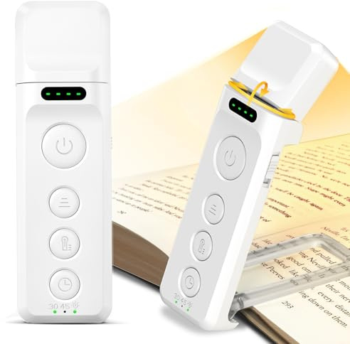 Glocusent Luz para libros recargable por USB, luz LED portátil con clip, 3 colores ámbar y 5 brillos regulables, compacta y de larga duración, regalo para los amantes de los libros (Blanco-Pro)