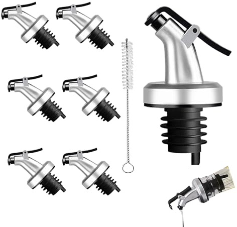 FCAIBEAR 7-Pack Professional Oil Pour Spouts - Extra Wide Mouth for Syrup & Soy Sauce Bottles + Standard Wine Stoppers (Silver)