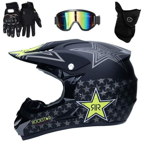 Intégral MTB Casque de Motocross, avec Lunettes Gants Masque, Jeunesse Enfants Hors Route Enduro Moto Karting Casques, Descente MX VTT BMX Courses Dirt Bike Accident Casque(Matte Black,M/54-55CM)