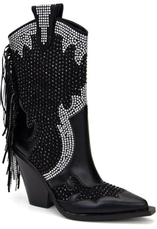 Feinlina Bottes à bout pointu pour femme - Talon bloc - Tige mi-longue - Large zone du mollet - Décorées de strass - Bottes de cowboy western avec pompon, Noir , 42 EU