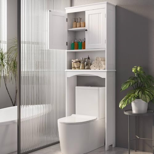 Blishom Estantería sobre Inodoro, Mueble sobre Inodoro, Mueble de Baño con Puertas, Estantes Regulables, Almacenamiento Abierto, para Baño, 60 x 24 x 168 cm, Blanco (Blanco)