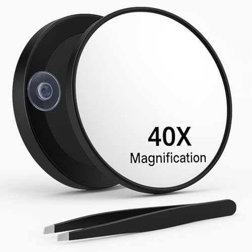 HingtTraum 40X Vergrößerungsspiegel mit Saugnapf – Kompakter Kosmetikspiegel mit Vergrößerung, Tragbarer Reisespiegel inkl. Pinzette zum Zupfen & Schminken