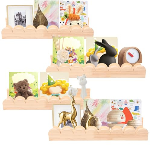 4 Pack Scalloped Wood Nursery Book Shelves with Hook Floating Wall Shelf Preassembled Baby Bookshelf Hanging Storage Shelves for Bedroom Kids, Toddler Room, Baby Room, Nursery Decor(4-piece)