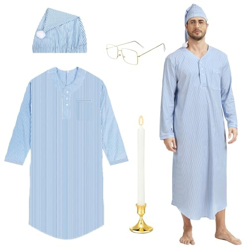 rumnigh Ensemble pyjama amusant 4 pièces pour Noël et carnaval comprenant robe de chambre, bonnet de nuit, lunettes et bougies d'imitation, bleu, M