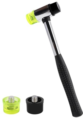 AMZSKU Mazo de goma, 25 mm, martillo de doble cabeza con 2 cabezas de martillo de repuesto con mango de goma antideslizante para madera, plástico, cuero, joyas, artesanía, martillo de nailon