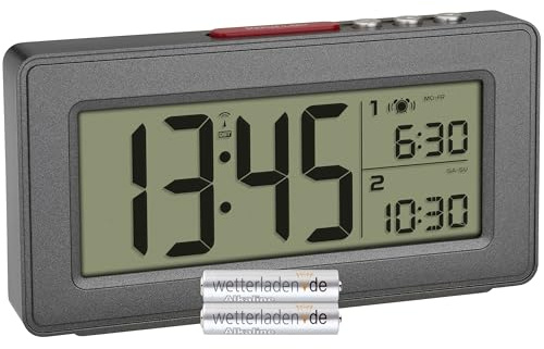 TFA Dostmann 60.2563 Réveil numérique radio-piloté avec 2 alarmes, mode week-end, affichage de la date et du jour de la semaine, rétroéclairage, fuseaux horaires, fonction snooze (anthracite avec