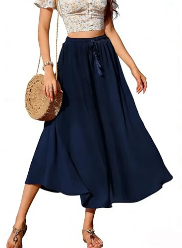 Koerye Maxi Gonna Lunga Donna Elegante Elastico Vita A-Linea Gonna Pieghettato Retro Abiti da Spiaggia Lunga Casual a Trapezio Gonne Blu Navy,S