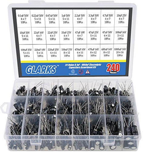 Glarks Elektrolytkondensatorer metall, sorterat set, 10 V, 16 V, 25 V, 50 V, etikettkapacitetsområde, 0,1 uF – 1 000 uF, 240 st