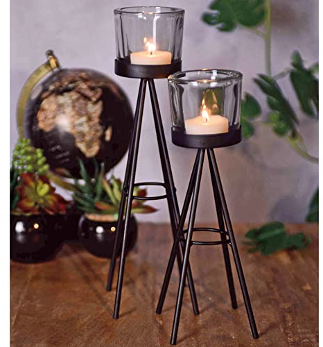 URBNLIVING 2 Metal Tea Light Candle Stick Stand Glass Holder Set 8x19cm & 8x24cm