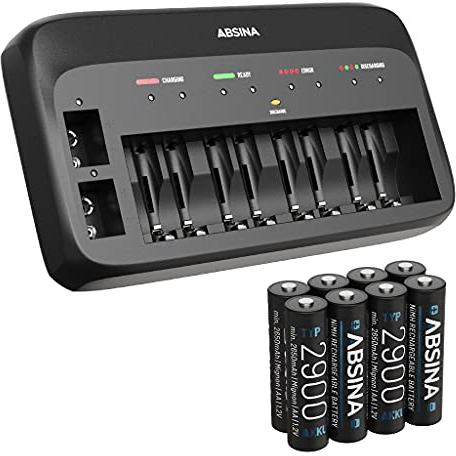 ABSINA X10 Cargador Pilas AA AAA & 9V + 8X AA 2900 Pila - Pilas Recargables Cargador 10-Slots - Cargador Pilas Recargables AA AAA 9V, Cargador de Pilas AA, Cargador AAA, Cargador Pilas Recargables