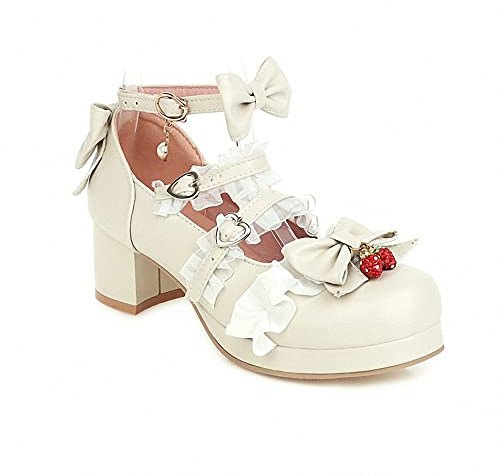 Ulalaza Zapatos Mary Jane de tacón Alto para Mujer, Zapatos de Vestir Bonitos de Fresa con Lazo de Encaje Festivo para Fiesta Dulce