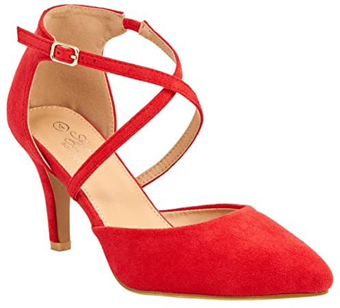 Shoe Box Boutique 179 Women's Suede Mid Heel Pointed Toe Strappy Cross Strap Smart Evening Party Shoes (Red, UK_Footwear_Size_System, Adult, Women, Numeric, Medium, Numeric_5)