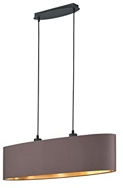 Zeitlose ovale Pendelleuchte mit Stoff Lampenschirm in Braun und innen Gold, Breite 80cm