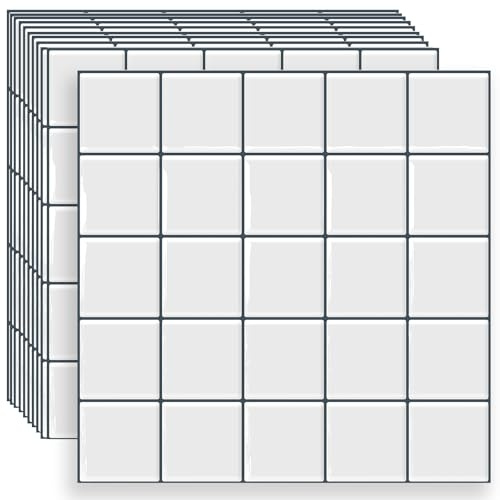 DEWOO White Square Stick on Tiles Self Adhesive Wall Tile 3D for Kithcen Bathroom,(10-Sheet,12×12)