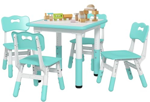 AIYAPLAY Set Tavolino e Sedie per Bambini 18-60 Mesi, Design Salvaspazio, Altezza Regolabile, Tavolo per Bambini con Lavagna per Cameretta, in Legno e PP, per 4 Bambini, Verde
