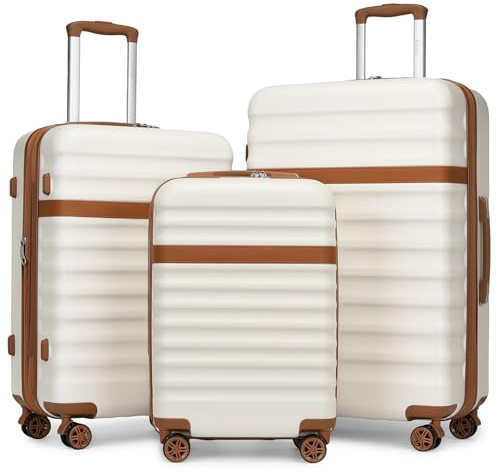 Kono Luggage Sets Hard Shell Suitcase Sets of 3 Piece ABS+PC Lightweight Travel Trolley with TSA Lock Spinner Wheels (Cream/Brown)