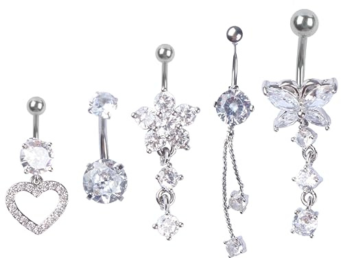 5 st CZ hjärta fjäril navel dinglande - 14 g graviditet kirurgiska stålstänger, allergivänlig kubisk zirkon piercing, böjd skivstång för kvinnor flickor